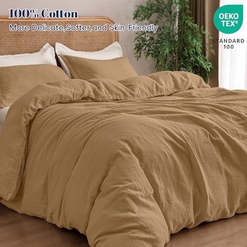 PHF 100% Natural Cotton Muslin Duvet Cover Set Queen Size, Ultra Soft Breathable Absorbent, Luxurious Minimalist Gauze Bedding for All Season, Duvet Set with 2 Pillow Shams, 90\" x 90\", Brown