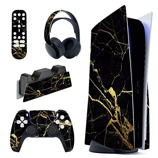 PlayVital Black & Gold Marble Effect Full Set Skin Decal for ps5 Console Disc Edition, Sticker Vinyl Decal Cover for ps5 Controller & Charging Station & Headset & Media Remote