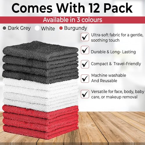 Image of QUBA LINEN 100% Cotton Washcloth Set - Soft, Absorbent Face Towels for Bathroom & Gym Use - Durable & Reusable Wash Cloths - Dark Grey, White & Burgundy, 12x12 Inches, Pack of 12