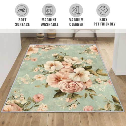 Tapete Floral Blanco y Rosa 6x8 pies Antideslizante Lavable miniatura 6