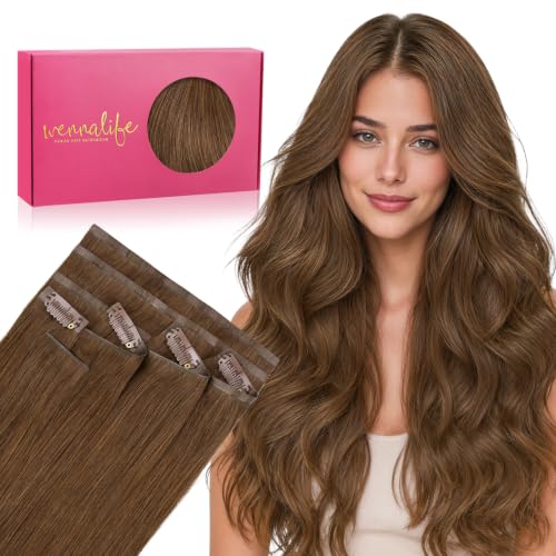 Image of WENNALIFE Invisible Edge Seamless Clip in Hair Extensions Real Human Hair | 18'' 130g 7pcs Light Auburn Brown. Ultra-Thin PU Weft, Easy, Comfortable Clip in Luxury Remy Hair Extensions
