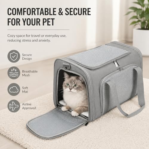 DALASITING Airline Approved Pet Carrier for Cats and Small Dogs Up to 15lbs, Cat Dog Carrier with Safety Leash, Adjustable Shoulder Strap, Foldable Portable Travel Pet Carrier (Grey, Medium) by DALASITING - Image 2