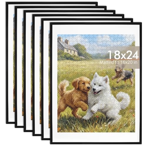 Image of Fixwal 18x24 Poster Frames Set of 6 with Shatter Resistant Plastic Cover, Thin Border Light Weight Picture Frame for Wall Gallery Display, Puzzle Frame for 500 Pieces Finished Puzzles, Black