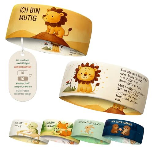 fenchis AUSTRIA Kinder Emotion Lernen Stirnband - dünnes elastisches Sportstirnband - für Jungen & Mädchen | Spielen Schule & Sport (Lowe_Ich Bin Mutig)