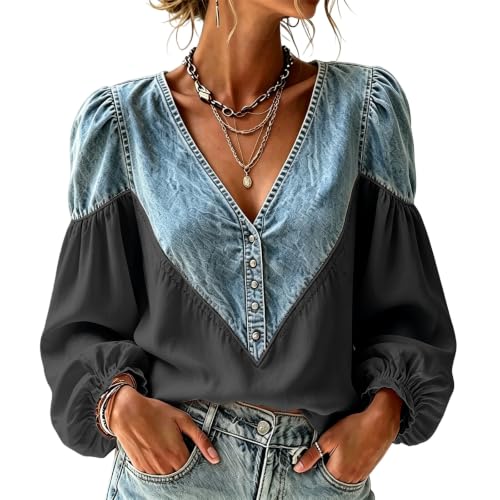 Floral Shirts for Women Button Denim Patchwork Puff Long Sleeve V Neck Tops - image 1