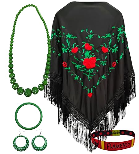 Pack xaile e acessórios: Xaile de manila, bordado com acessórios estilo flamingo e pulseira bordada. Para festas populares e eventos (verde rosas vermelhas)
