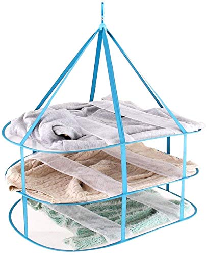 VICMAT Panier en maille pliable portable à 3 étages - Coupe-vent - Pour sécher les pulls allongés - 3 niveaux - Pliable - En maille textile - Bleu
