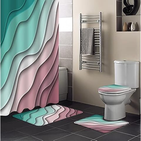 BestLives 4 Pcs Shower Curtain Sets with Rugs Green Modern Geometric Non-Slip Soft Toilet Lid Cover for Bathroom Abstract Beach Bathroom Sets with Bath Mat and 12 Hooks 72"x72" Cover