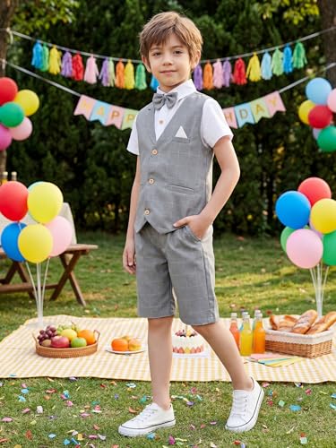 Image of Summer Boys Suit Dress Clothes Kids Wedding Ring Bearer Outfit 4Pcs Shirt Vest Shorts Set