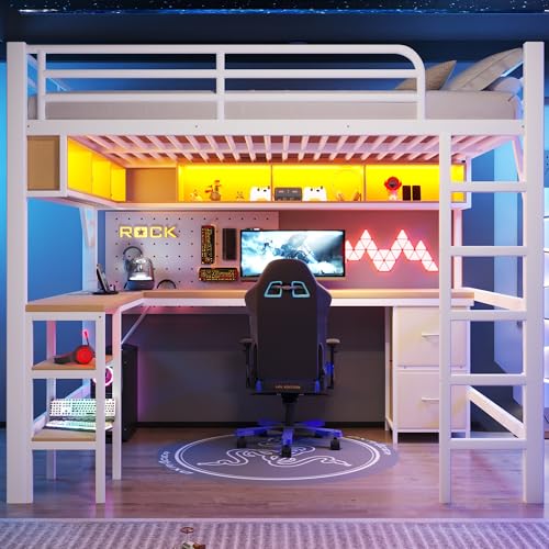 Idemon Cama alta de metal para videojuegos (140 x 200 cm) con estantería, escritorio, armario, USB, color blanco