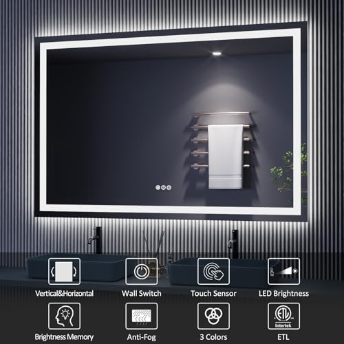 Amorho LED Bathroom Mirror 68" X38" with Front and Backlight, Stepless Dimmable Wall Mirrors with Anti-Fog, Shatter-Proof, Memory, 3 Colors, Double LED Vanity Mirror