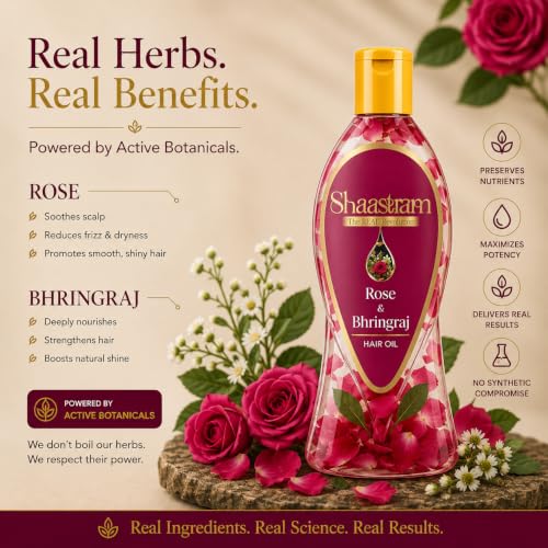 Image of Rose & Bhringraj Prevents Premature Greying | Herbal Hair Oil (works like a serum) for Men & Women | Maintains Natural Hair Colour | with Real Rose Petals | Bhringraj oil | Real Non-Sticky, Real Lightweight, Fast Absorbing Oil Serum - 180ml