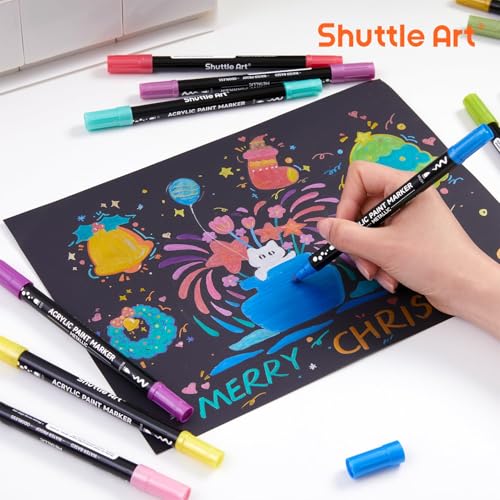 Image of Shuttle Art 28 Metallic Colors Dual Tip Acrylic Paint Markers, Dot Tip and Fine Tip Acrylic Paint Pens for Rock, Ceramic, Wood, Canvas, Plastic, Glass, Stone, Calligraphy, Card, DIY Football Crafts