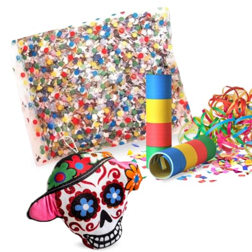 Karneval 2025 – Umschlag 200 g Karnevalskonfetti + 2 Röhren x 20 Rollen Luftschlangen aus Papier + Kissen Totenkopf zum Aufhängen