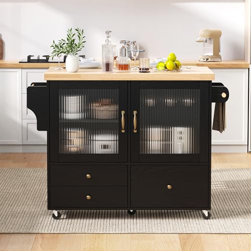 Oxtao Isla de cocina independiente con encimera plegable, armario de cocina, carrito de cocina con ruedas y soporte para copas de vino, dos puertas y tres cajones, para cocina y comedor (negro, 100 x
