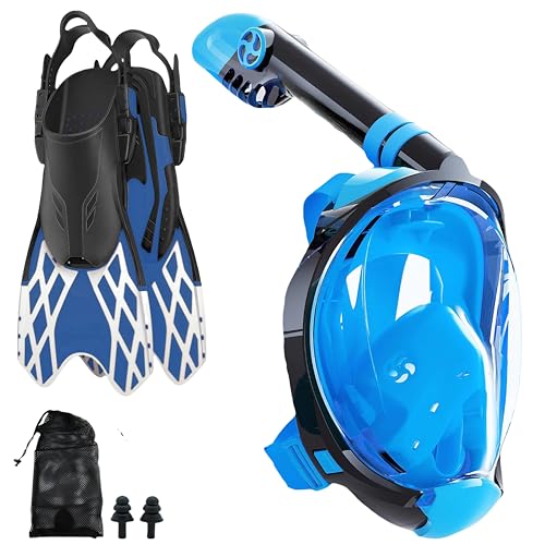 Snorkeling Gear for Adults: Dry Top Full Face Snorkel Mask & Adjustable Swim Fins Snorkel Set,Panoramic View,Safe Breathing System Anti-Leak Anti-Fog (Blue, L/XL)