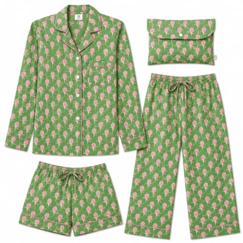 Image of Huar Women Pajama Set, 4 pcs Button Down Vacation Beach Cotton Set, Lounge wear PJ Set For Birthday