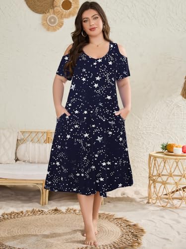 Image of LARACE Plus Size Women Dress for Summer, Midi Women's Sundress, Casual V-Neck Short Sleeve Flowy T-Shirt Dresses with Pockets