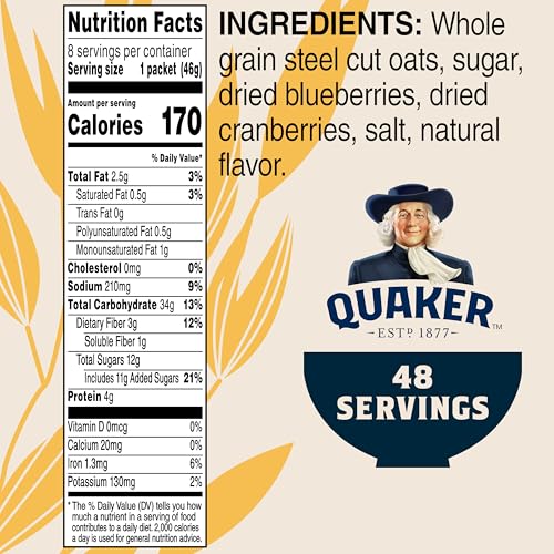 Image of Quaker Steel Cut Oats, Quick 3-minute Oatmeal, Cranberries and Blueberries, Breakfast Cereal, 8 Packets Per Box (Pack of 6 Boxes)