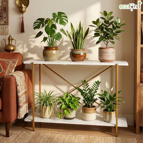 Image of ecofynd Elix Plant Stands for Balcony, Flower Pot Stand for Indoor Plants, 2 Tier Long Metal Planter Stand for Living Room, home decor, Indoor & Outdoor plants (47 inchX9 inchX28 inch, White and Gold)