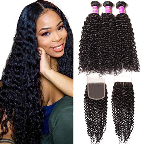 UNice Hair 10a Malaysian Kinky Curly Weave 3 Bundles with 4x4 Lace Closure Free Part 100% Unprocessed Human Virgin Hair Bundles and Closure Natural Color (14 16 18+14 Closure)
