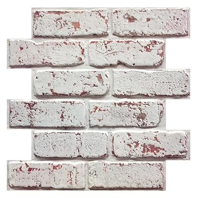3D Whitewash Brick Wall Panel Peel and Stick,10 Pcs of 12"X12" Small Size Thin PVC Fake Brick Self Adhesive Brick Backsplash Faux Brick Paneling for Interior Wall Decor