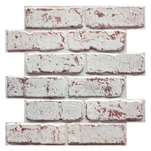 COMSTICKC 3D Faux Brick Wall Panels Peel and Stick Wall Panels, 10 Pcs of 12'X12', Small Size Thin PVC Whitewash Brick Self Adhesive Fake Brick Backsplash for Interior Decor (Whitewash - 1)