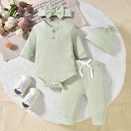 Aalizzwell Gender Neutral Long Sleeve Baby Ribbed Outfit with Hat & Headband4