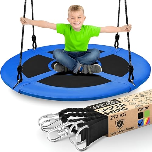 SereneLife Tree Swing Seat, Large Round Saucer Kids Swings, Adults and Kids Nest Swing, Durable Frame, 270kg Capacity, Indoor Outdoor Hanging Rope Swinging Seat for Backyard, Garden and More – Blue