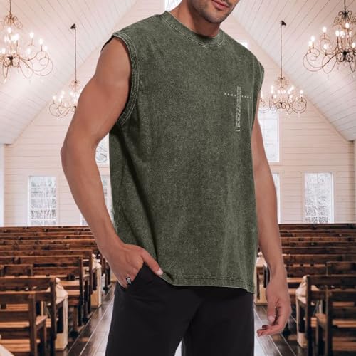 Image of Christian Gym Workout Tank Tops for Men Vintage Bible Verse Cross Graphic Sleeveless Muscle Shirts Acid Wash Tanks Top