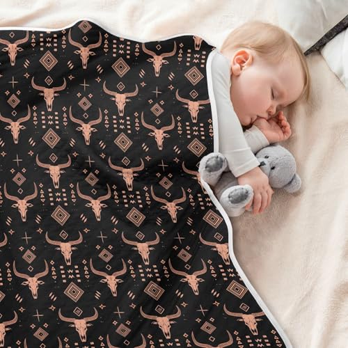 Image of Baby Swaddle Blanket for Boys Girls Soft Warm Stroller Throw Blanket for Toddler and Infant 30X40in Rose Gold Line Art African Tribal Motifs and Water Buffalo Skulls