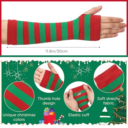 Image of Coume 3 Sets Christmas Knee Thigh High Socks Arm Warmer Fingerless Gloves Xmas Striped Thigh High Stockings for Women Cosplay Party