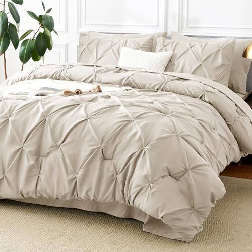 CozyLux California King Comforter Set Beige, 7 Pieces Pintuck Bed in a Bag