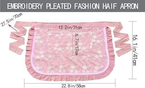 Miniatura 9 de Delantales de chef unisex blanco retro algodón criada corto 2 bolsillos cintura camarera mitad delantal