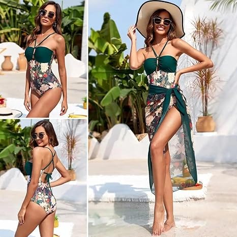 Image of AARAM Stylish Premium Women's One Piece Swimsuit with Cover Ups Wrap Skirt Sarong Retro Floral Print Monokini Tummy Control Swimwear, Printed Swimming Costume for Women Beach Wear