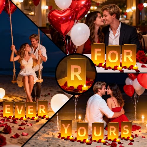 Image of FOREVER YOURS Light Up Letters, with Tea Lights Candles, Rose Petals, Pearlescent Foil Balloons - Luminary Paper Bags, Anniversary Decorations and Valentines' Day Decorations for Your Loved One