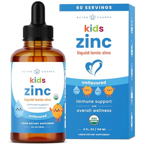 NutraChamps Organic Liquid Zinc Drops for Kids Ionic Zinc Drops Enhanced with Vitamin C for Children Sugar-Free 4 oz Vegan & Non-GMO Unflavored 60 Servings 2 Month Supply