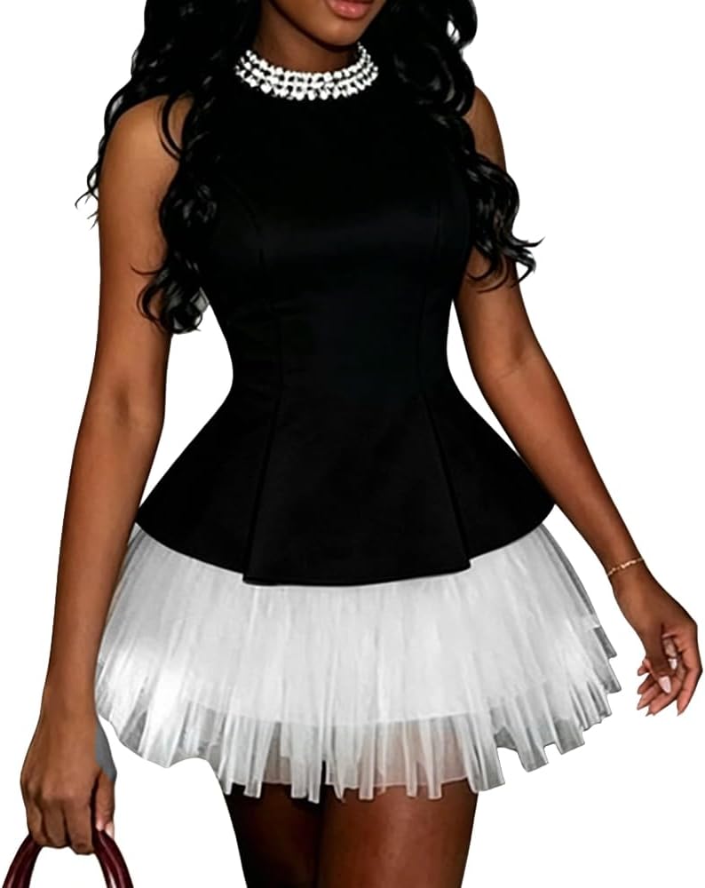 2 Piece Sets for Women Dressy Ruffle Hem Tank Top and Puff Skirt Gong Out Summer Clothes