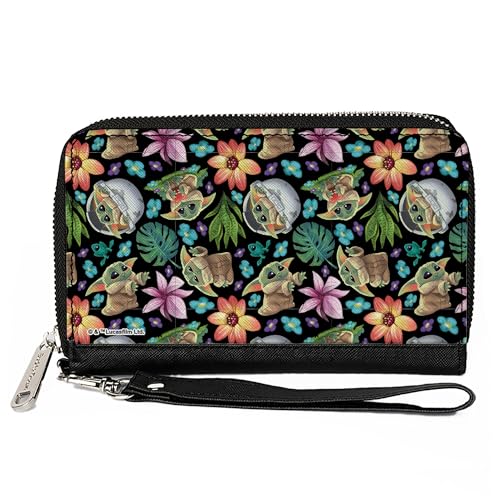 Buckle-Down Star Wars Wallet, Zip Around, Star Wars The Child Poses and Floral Collage Black Multi, Vegan Leather