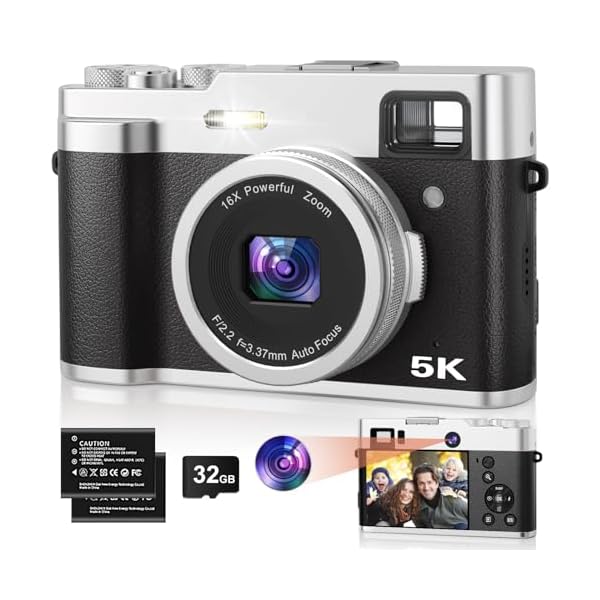 5K Digital Camera for Photography, 48MP Dual Camera Autofocus Vlogging Camera for YouTube with Viewfinder,16X Digital Zoom, Anti Shake, Compact Travel Camera with 32GB SD Card 2 Batteries