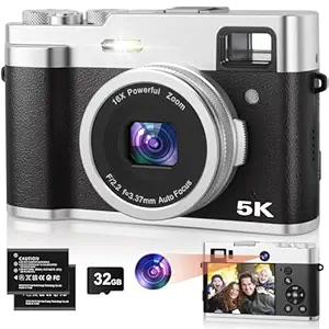 XNSIAKXA 5K Digital Camera for Photography, 48MP Autofocus Vlogging Camera with Viewfinder & Dual Camera, 16X Digital Zoom Point and Shoot Cameras with 32GB SD Card 2 Batteries Compact Travel Camera