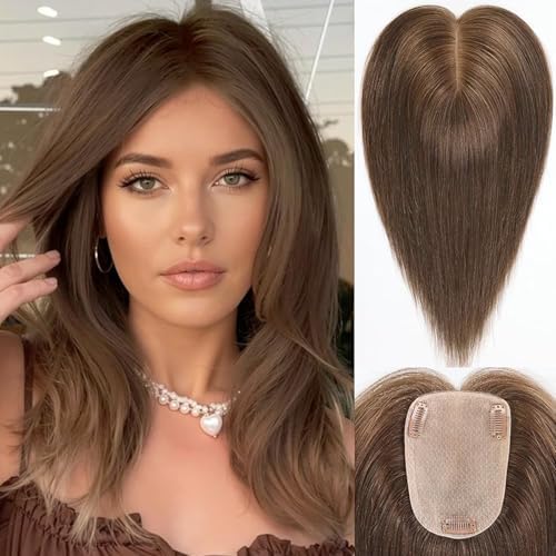starluck Human Hair Toppers for Women Real Human Hair No Bangs 4 * 5.5 inch Base 12 inch SilkHug Hair Topper for Women Cover Grey Roots(Medium Brown)