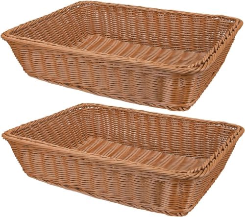 2 Pack Rattan Woven Fruit/Bread Baskets,14 Inch Poly Wicker Baskets for Food Serving,Stroage,Vegetables,Home Kitchen,Restaurant-Rectangular Brown