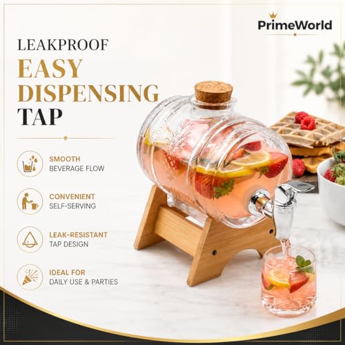 Image of 3L Glass Beverage Dispenser Barrel with Wooden Stand & Leakproof Tap | Premium Drink Server for Juice, Water, Wine, Cocktails & Iced Tea | Ideal for Home, Parties & Camping