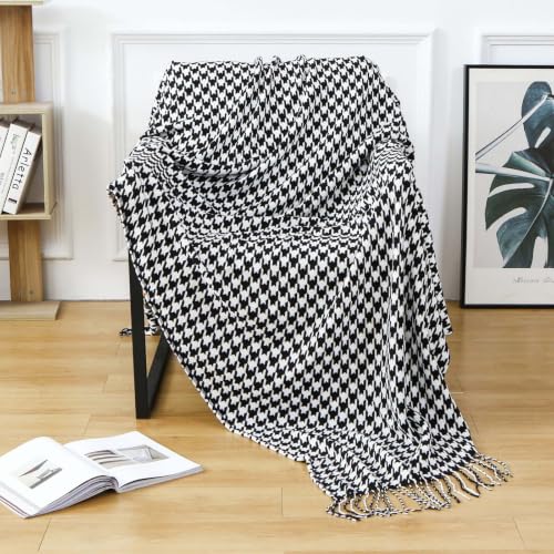 Image of Jnkiquii Geometric Woven Throw Blanket Acrylic Tassel Bed Scarf 130 * 172cm Lightweight Houndstooth Decorative Foot Cover for Sofa Bedroom Hotel Homestay Spring Autumn Use