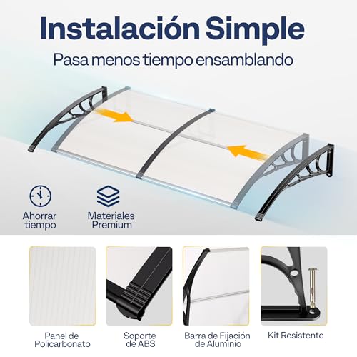 Miniatura 7 de Vivohome Marquesina Para Puerta De Casa 100x200cm Con Marco De Aluminio Y Policarbonato Para Puerta Toldo Transparente Para Protección Solar Y Protección Contra La Lluvia