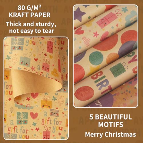 ACOMTUO 5 Rollen Geschenkpapier Geburtstag, Geschenkpapier Rolle 43cm x 3m, Geschenkpapier Set mit Hanfseil & Klebeband für Kindergeburtstag Hochzeit Babyparty Weihnachten
