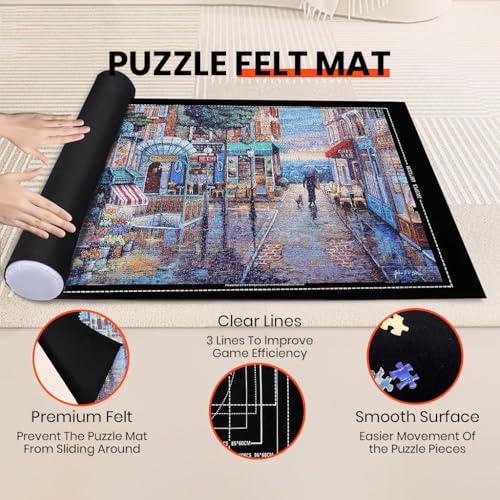 Image of PATPAT Felt Puzzle Floor Mat Puzzle Storage Mat for 1500 Count Jigsaw Pieces,with 4 Pieces Organizer Tray,Air Pillar Air Pump Fastener Strap Storage Bag