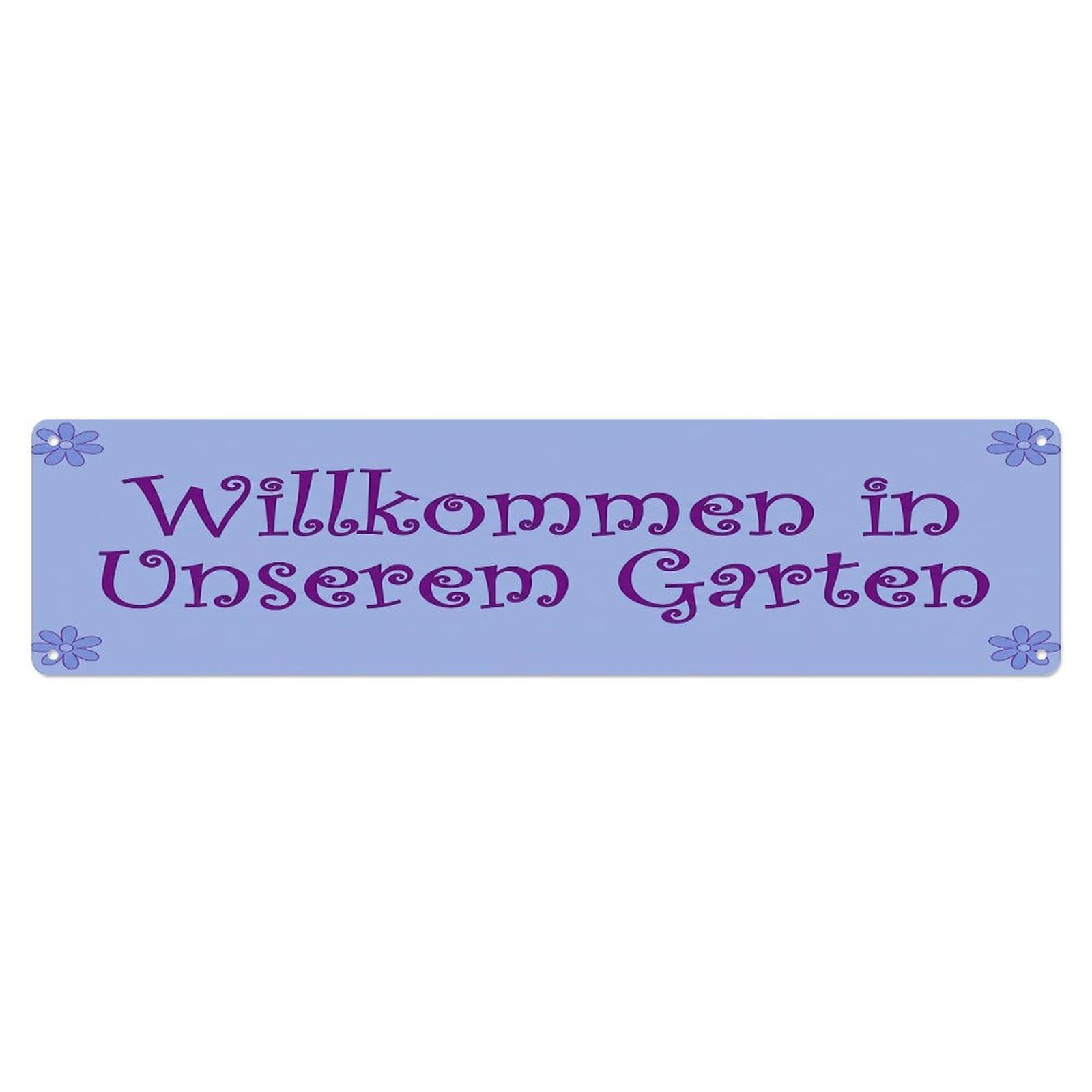 Vintage Welcome to Our Garden Periwinkle Metal Tin Sign