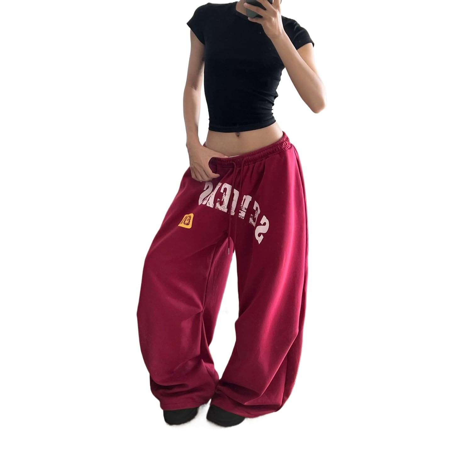 Womens Fashionable Letter Printed Sports Pants Loose Wide Leg Casual Pants Streetwear with Pockets